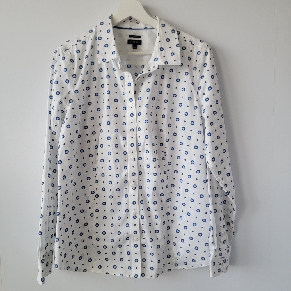 Talbots Women's Button Down Shirt size 14 No Iron dots Pattern Work Career